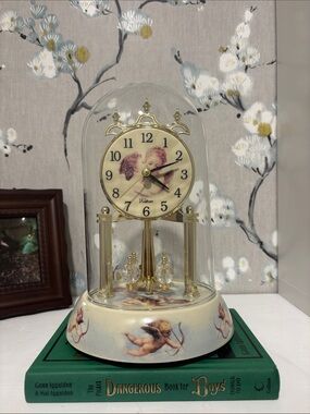WALTHAM Cupid Angel Cherub Glass Dome Anniversary Table Clock Chimes
